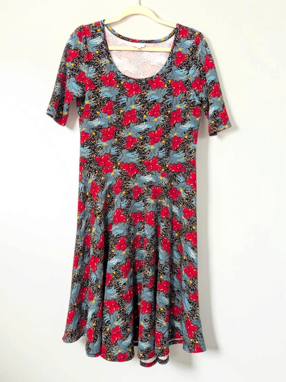 LuLaRoe Red Blue Yellow Floral Scoop Neck Midi Dress